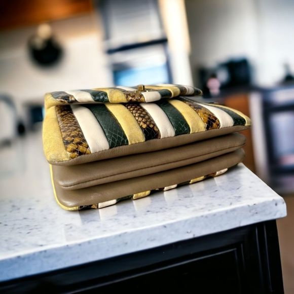 Tory Burch Striped Yellow Green Cream Snakeskin Chain Crossbody Bag - Picture 7 of 16